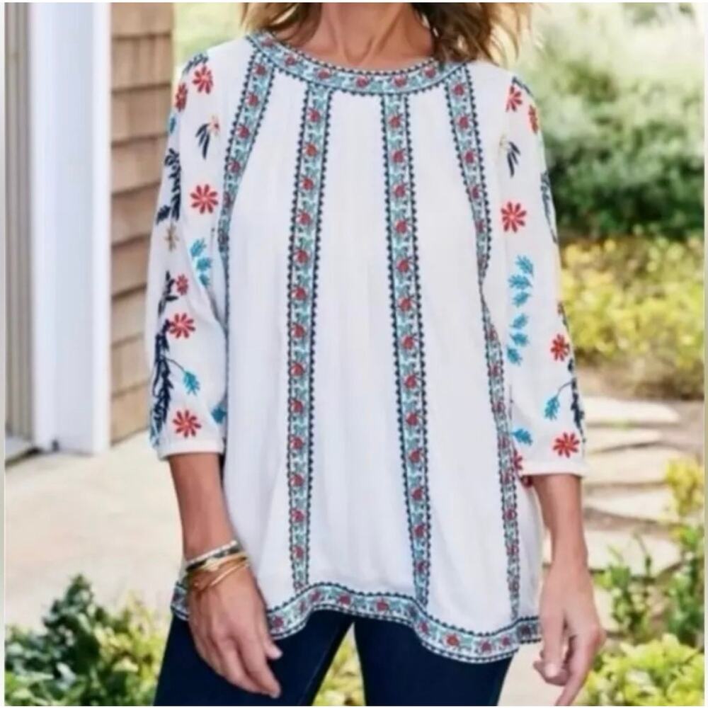 Soft Surroundings Size XS Embroidered Tunic Blouse Cream Boho 3/4 Sleeve